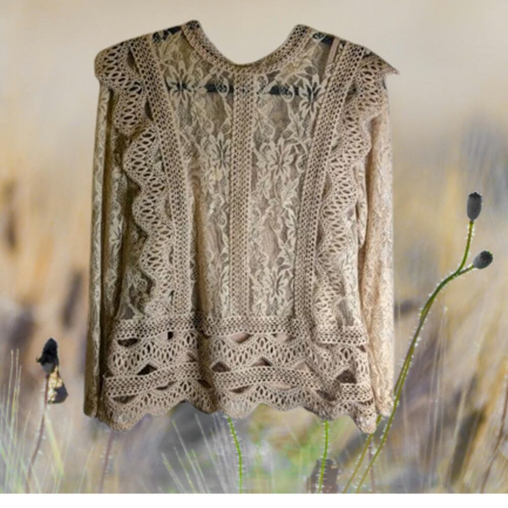 Adiva Medium lace top with attached cami beige long sleeve beautiful woman's top
